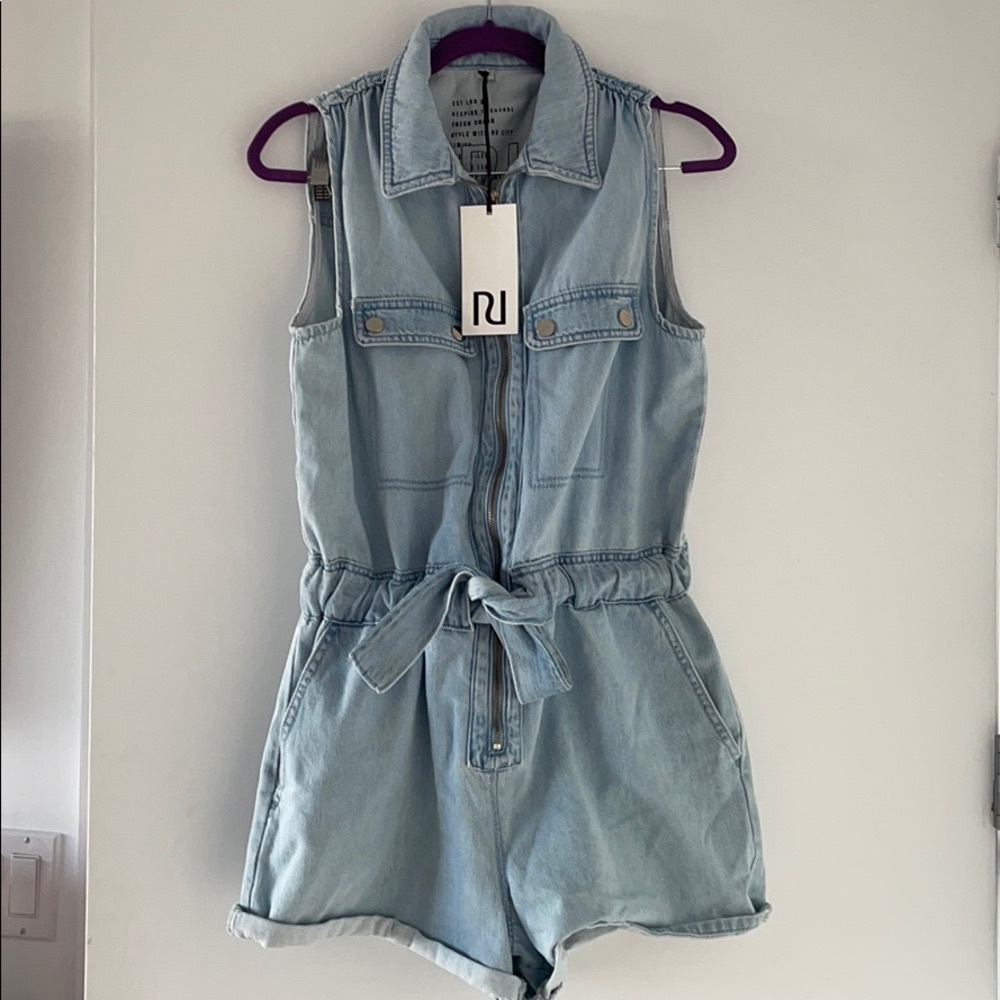 Denim sleeveless tie waist playsuit, new